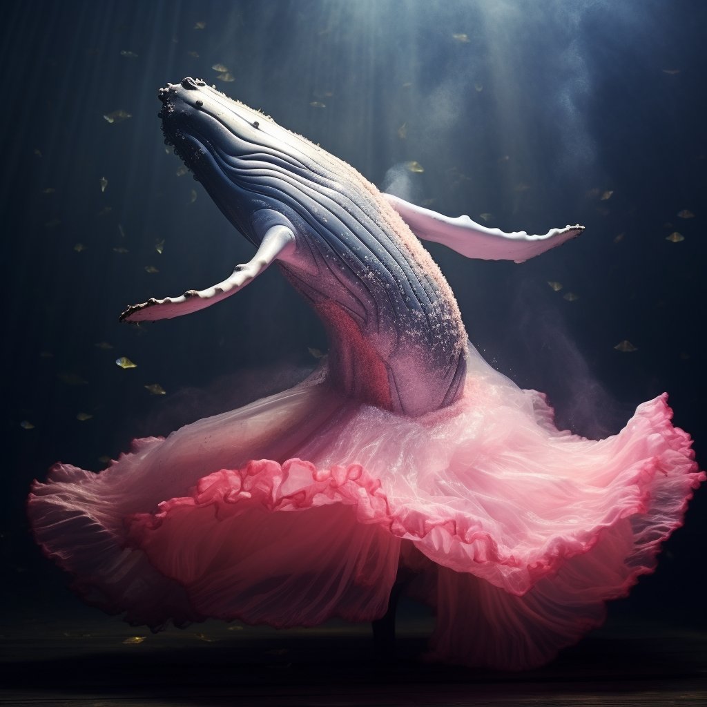 A dancing whale with a pink tutu