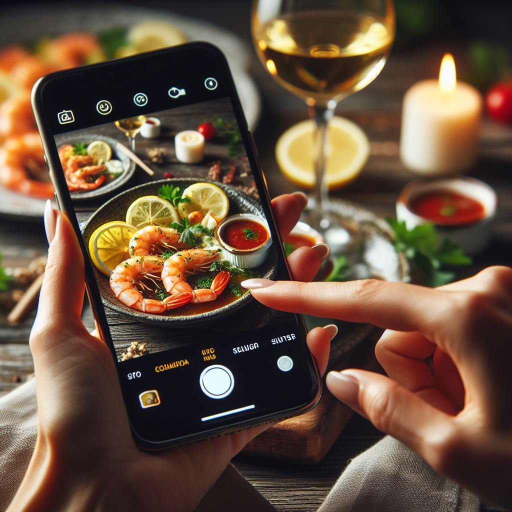 Taking an image of a shrimp dish with a smartphone