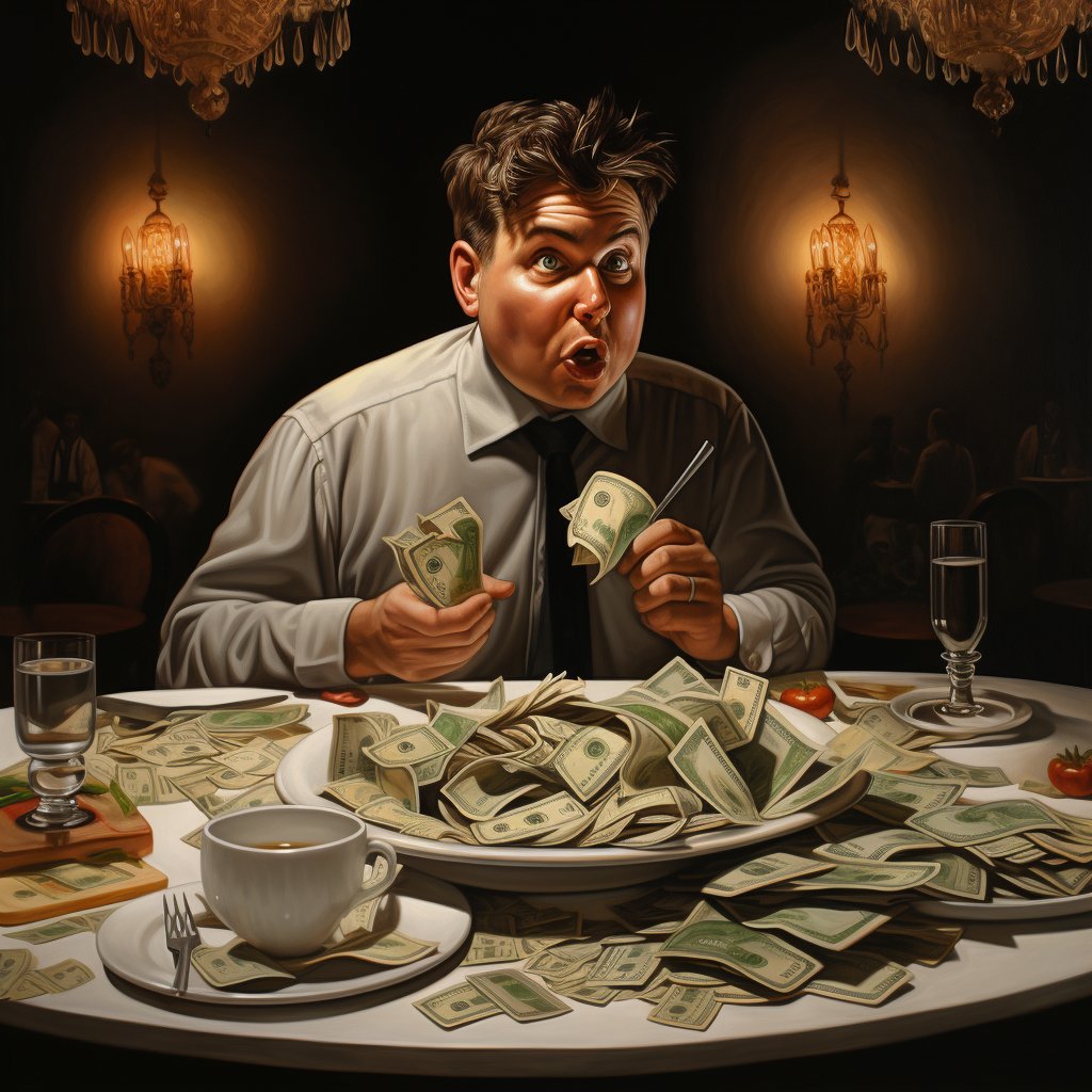 A man eating money at the dinner table served with money istead of food