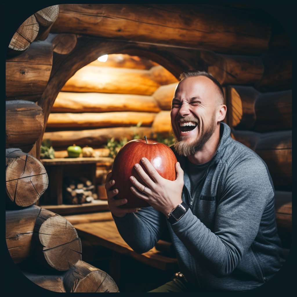 A smiling man in the sauna holding a huge apple