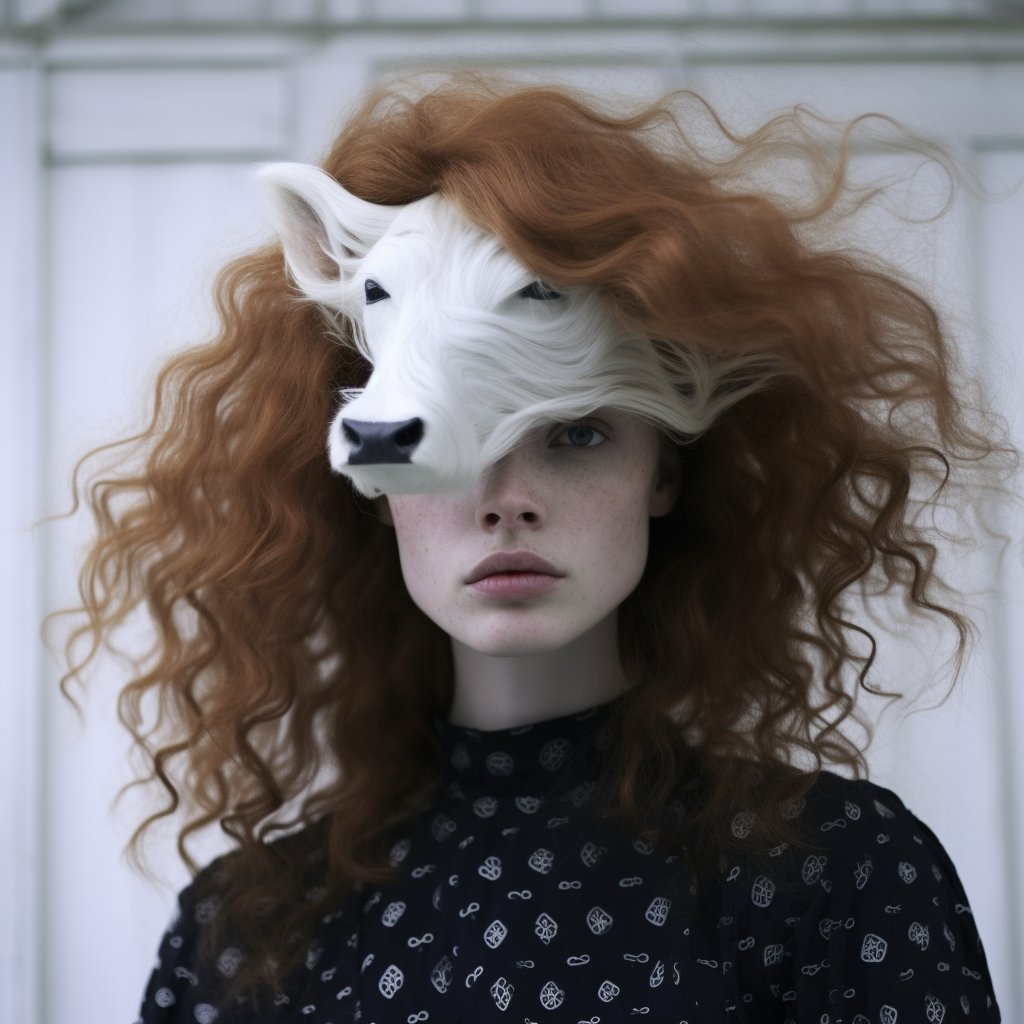 A woman with a cow face in her hair