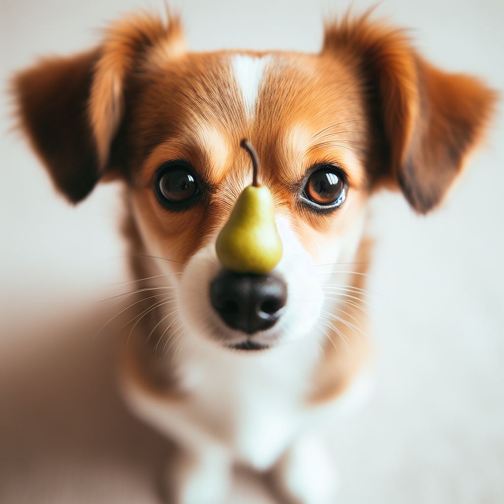 A dog with a pear on its nose